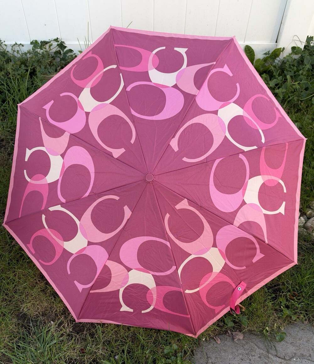 Vintage Coach Signature Scarf Print Umbrella in Pink & White